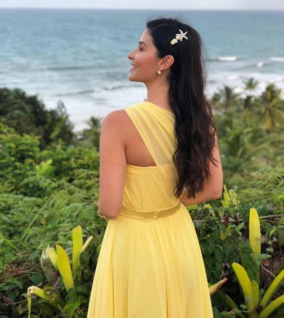 Sunny Yellow Chiffon One-Shoulder Ruched Bodice High Slit A-Line Floor-Length Evening Dresses for Beach Weddings & Destination Events