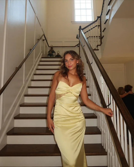 Sunny Yellow Satin Open-Back Midi Evening Dress for Cocktail Events, Wedding Receptions & Summer Galas