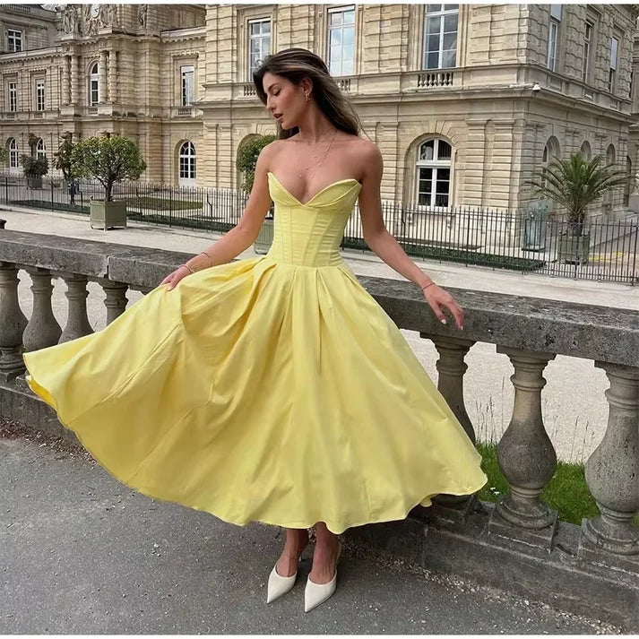 Sunny Yellow Strapless Corset Midi Ball Gown for European City Breaks, Garden Galas & Romantic Date Nights