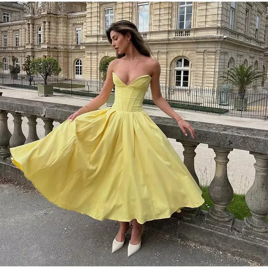 Sunny Yellow Strapless Corset Midi Ball Gown for European City Breaks, Garden Galas & Romantic Date Nights