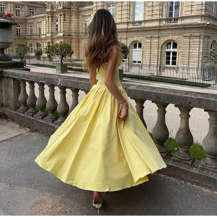 Sunny Yellow Strapless Corset Midi Ball Gown for European City Breaks, Garden Galas & Romantic Date Nights