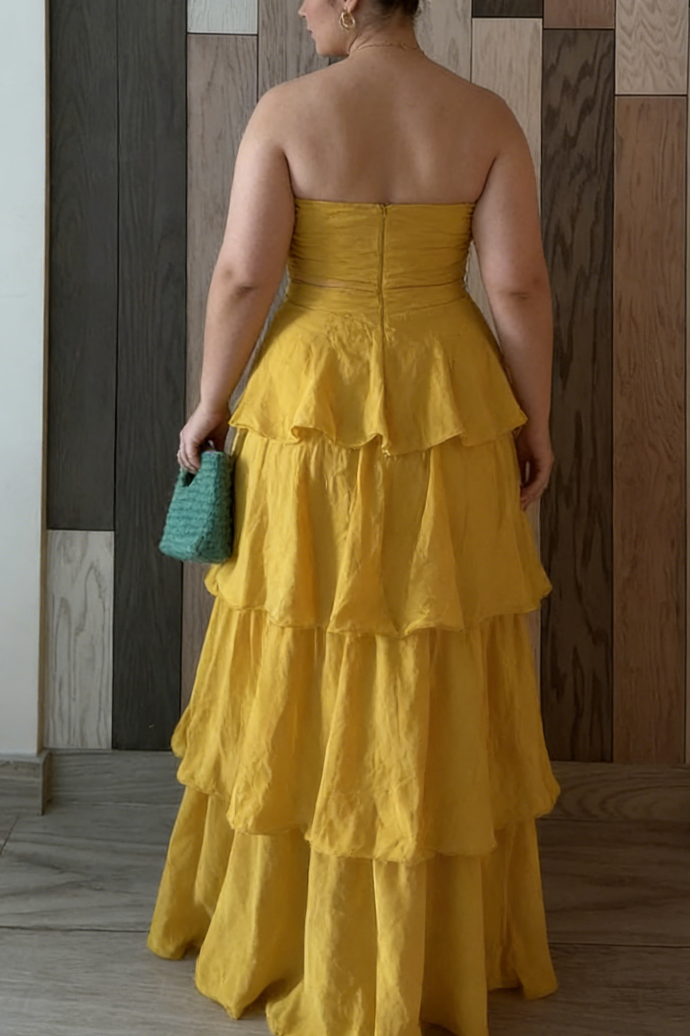 Sunny Yellow Strapless Twist-Front Cutout Tiered Ruffle Maxi Evening Dresses for Cocktail Parties & Summer Galas