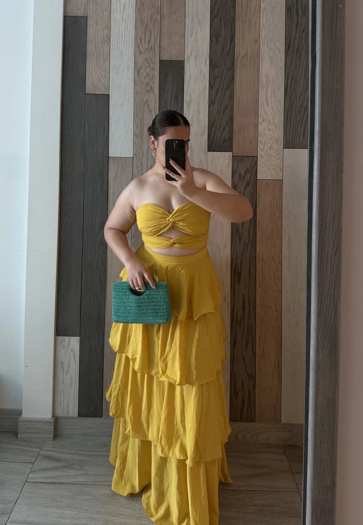 Sunny Yellow Strapless Twist-Front Cutout Tiered Ruffle Maxi Evening Dresses for Cocktail Parties & Summer Galas