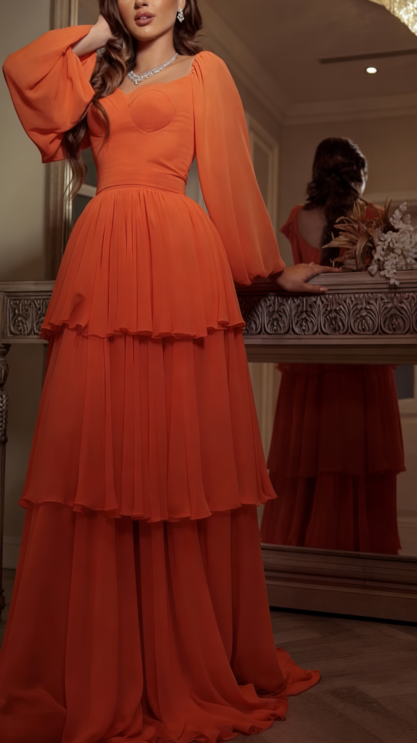 Tangerine Chiffon Bishop-Sleeve Tiered Ruffle Maxi Evening Dress for Garden Galas, Bridal Showers & Mediterranean Vacations