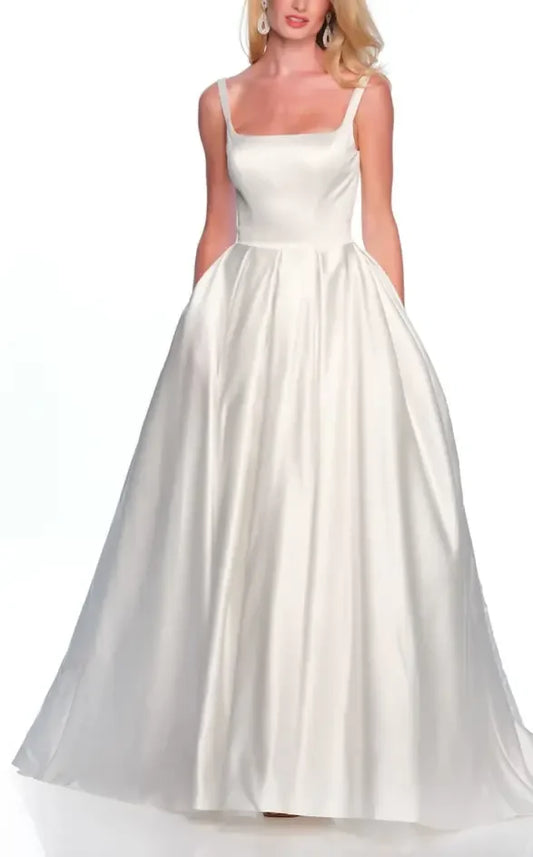 Timeless Ivory Satin Square-Neck Sleeveless Open-Back Puffy Ballgown Wedding Dress with Flowing Train & Side Pockets