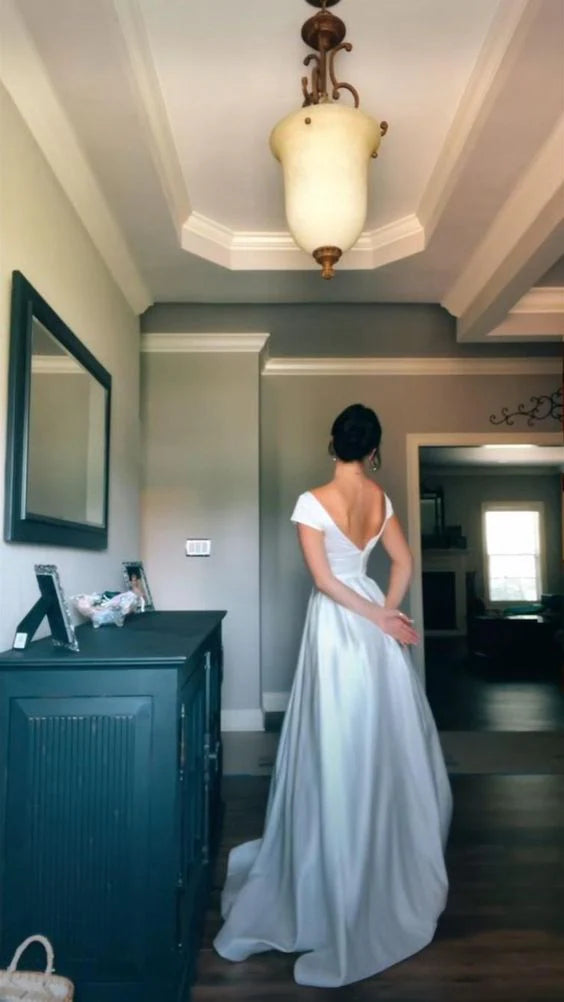 Timeless Ivory Satin Square Neck Cap Sleeve Open-Back Ball Gown Prom Dresses