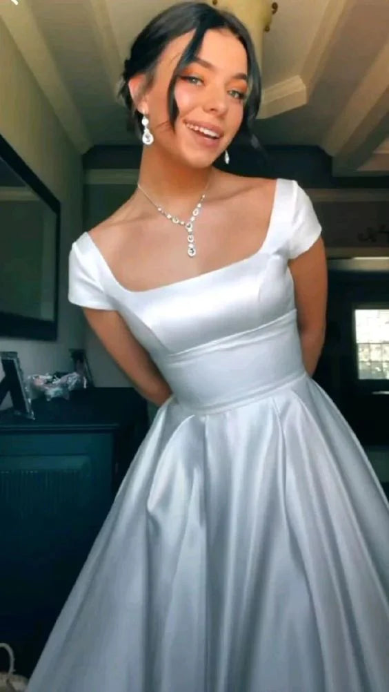Timeless Ivory Satin Square Neck Cap Sleeve Open-Back Ball Gown Prom Dresses