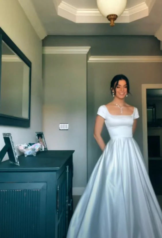 Timeless Ivory Satin Square Neck Cap Sleeve Open-Back Ball Gown Prom Dresses