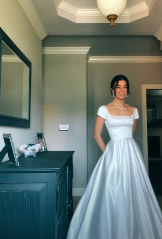 Timeless Ivory Satin Square Neck Cap Sleeve Open-Back Ball Gown Prom Dresses