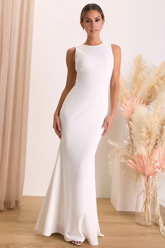 Timeless Ivory Sleeveless High-Neck Dramatic Deep Open-Back Form-Fitting Trumpet Wedding Dress with Subtle Train