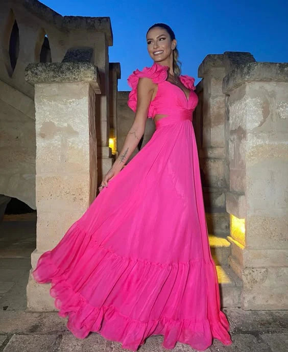 Vibrant Hot Pink Ruffled Open-Back Maxi Evening Dress for Sunset Beach Parties, Destination Weddings & Mediterranean Vacations
