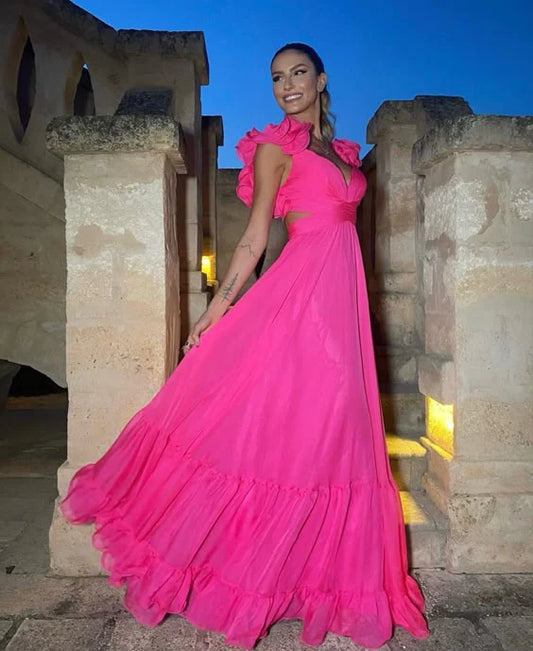 Vibrant Hot Pink Ruffled Open-Back Maxi Evening Dress for Sunset Beach Parties, Destination Weddings & Mediterranean Vacations