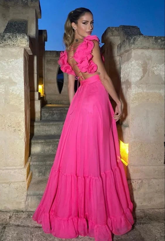 Vibrant Hot Pink Ruffled Open-Back Maxi Evening Dress for Sunset Beach Parties, Destination Weddings & Mediterranean Vacations
