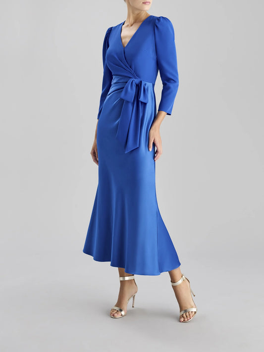 Vibrant Satin Fitted V-Neck Puff Sleeve Bow Waist Midi Length Mother of the Bride Dress
