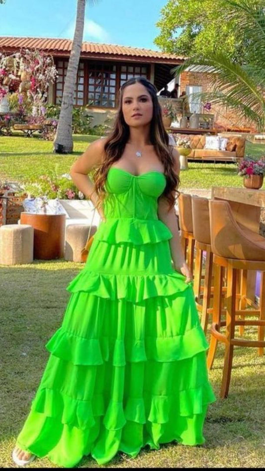 Vibrant Lime Green Strapless Tiered Ruffle Maxi Evening Dress for Garden Parties, Bridal Showers & Outdoor Events