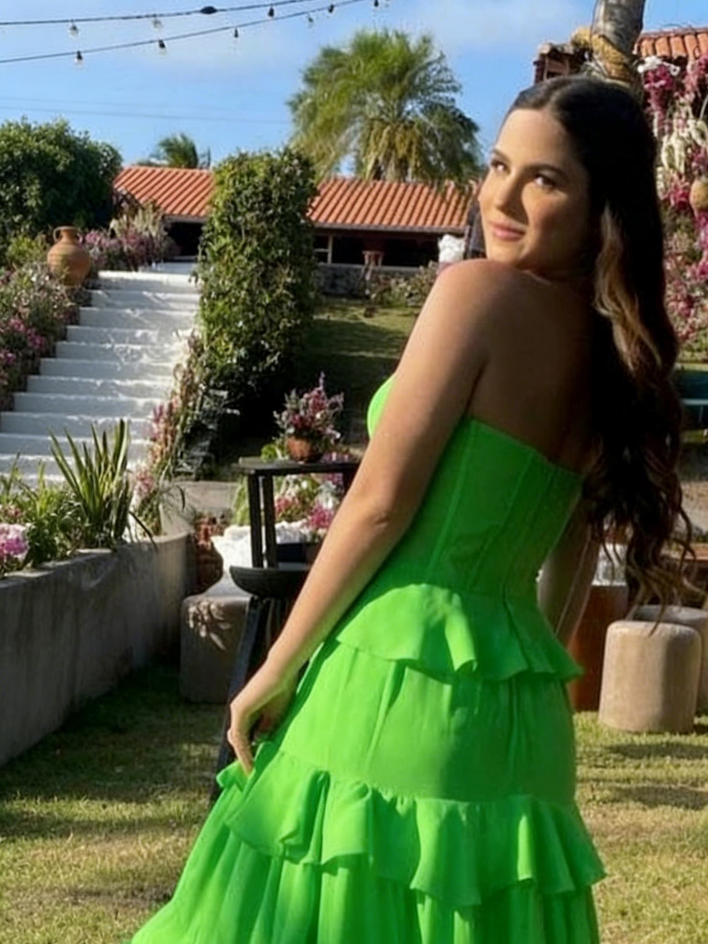 Vibrant Lime Green Strapless Tiered Ruffle Maxi Evening Dress for Garden Parties, Bridal Showers & Outdoor Events