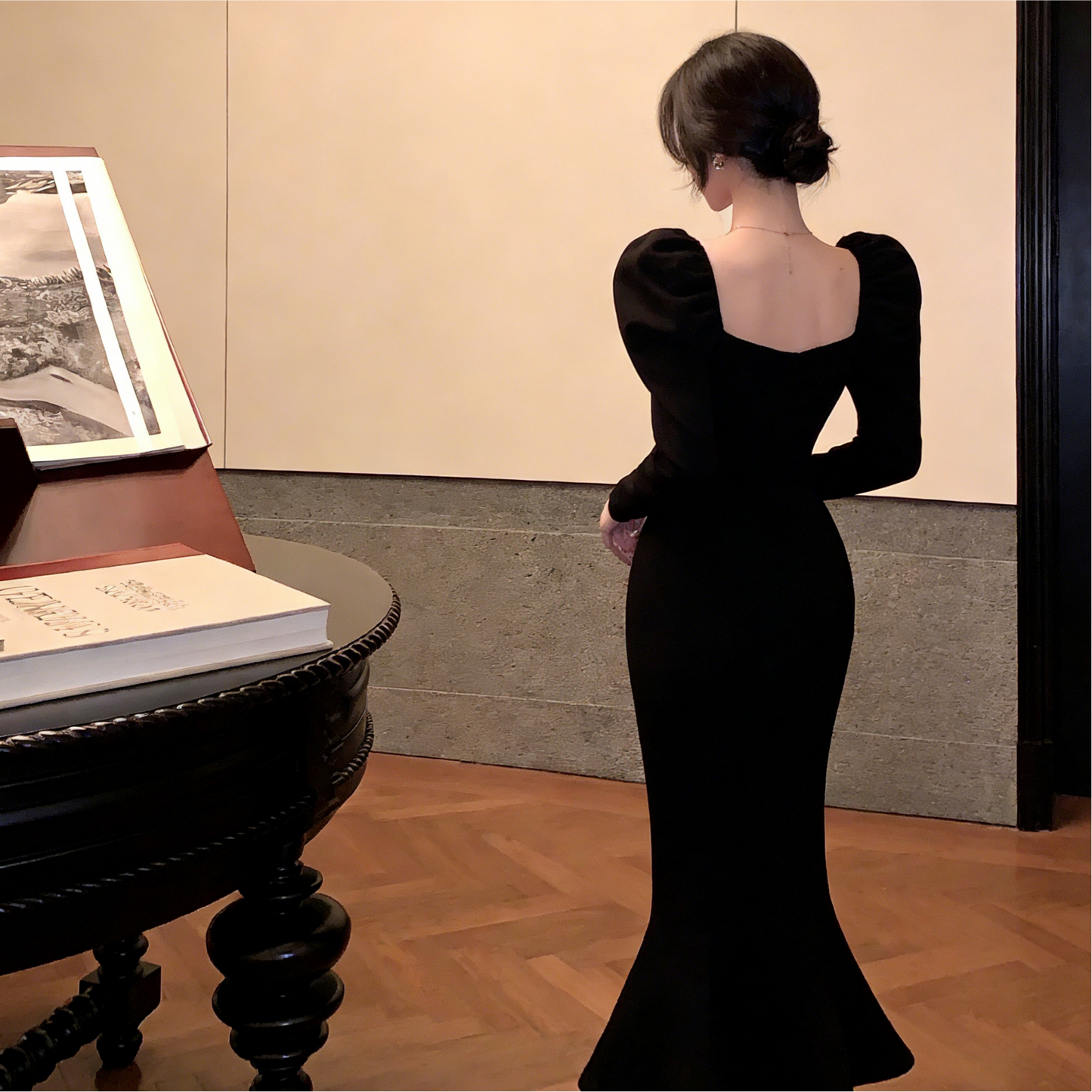 Vintage Black Crepe Sweetheart Neck Puff Sleeve Open-Back Midi Mermaid Prom Dresses