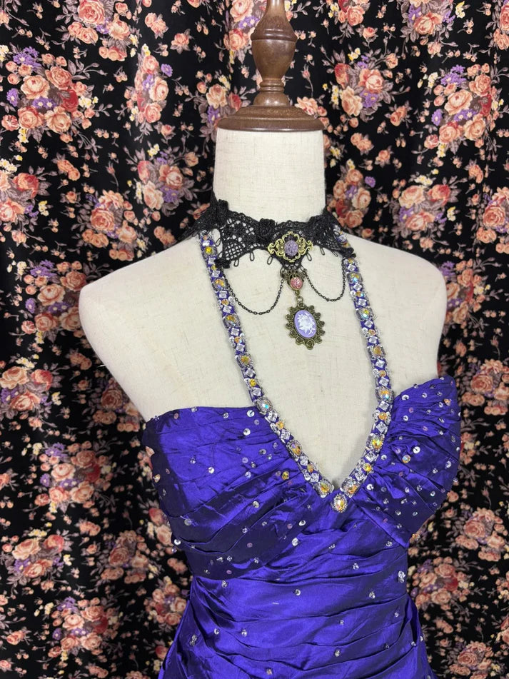 Vintage Royal Purple Taffeta Halter Neck Beaded Mermaid Evening Dresses with Tiered Ruffle Train & Gothic Choker for Prom & Themed Galas