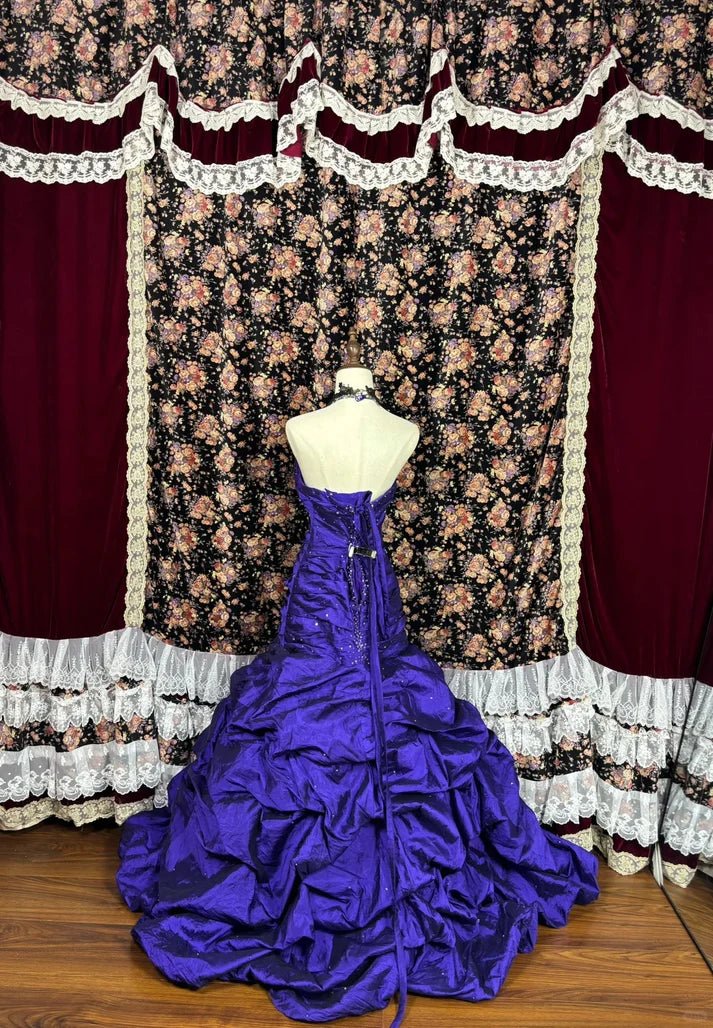 Vintage Royal Purple Taffeta Halter Neck Beaded Mermaid Evening Dresses with Tiered Ruffle Train & Gothic Choker for Prom & Themed Galas
