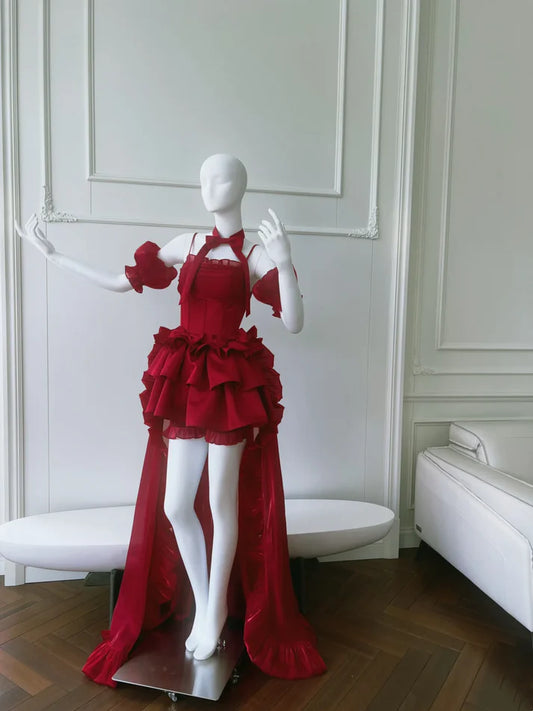 Vintage Wine Red Velvet Lace-Up Back Tiered Ruffle Mini Evening Dresses with Detachable Train & Puff Sleeves for Retro Themed Events & Cocktail Parties