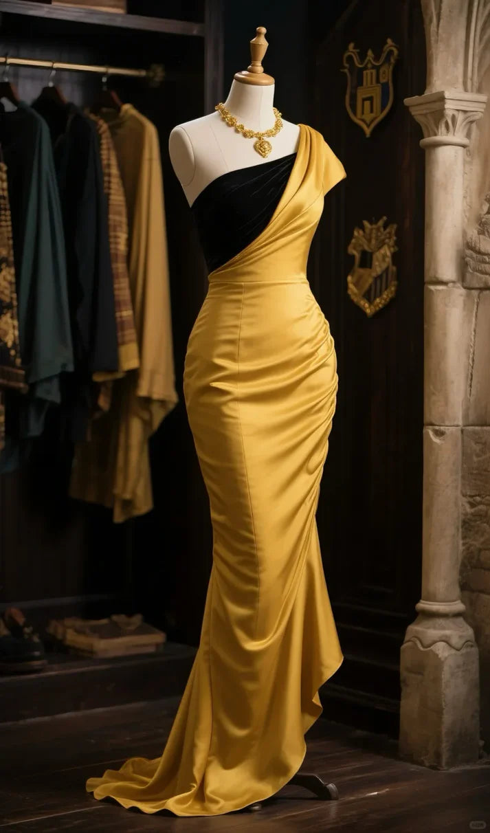 Wizarding-Inspired Hufflepuff Gold Satin & Black Velvet One-Shoulder Mermaid Evening Dresses with Train for Hogwarts-Themed Events & Black-Tie Galas