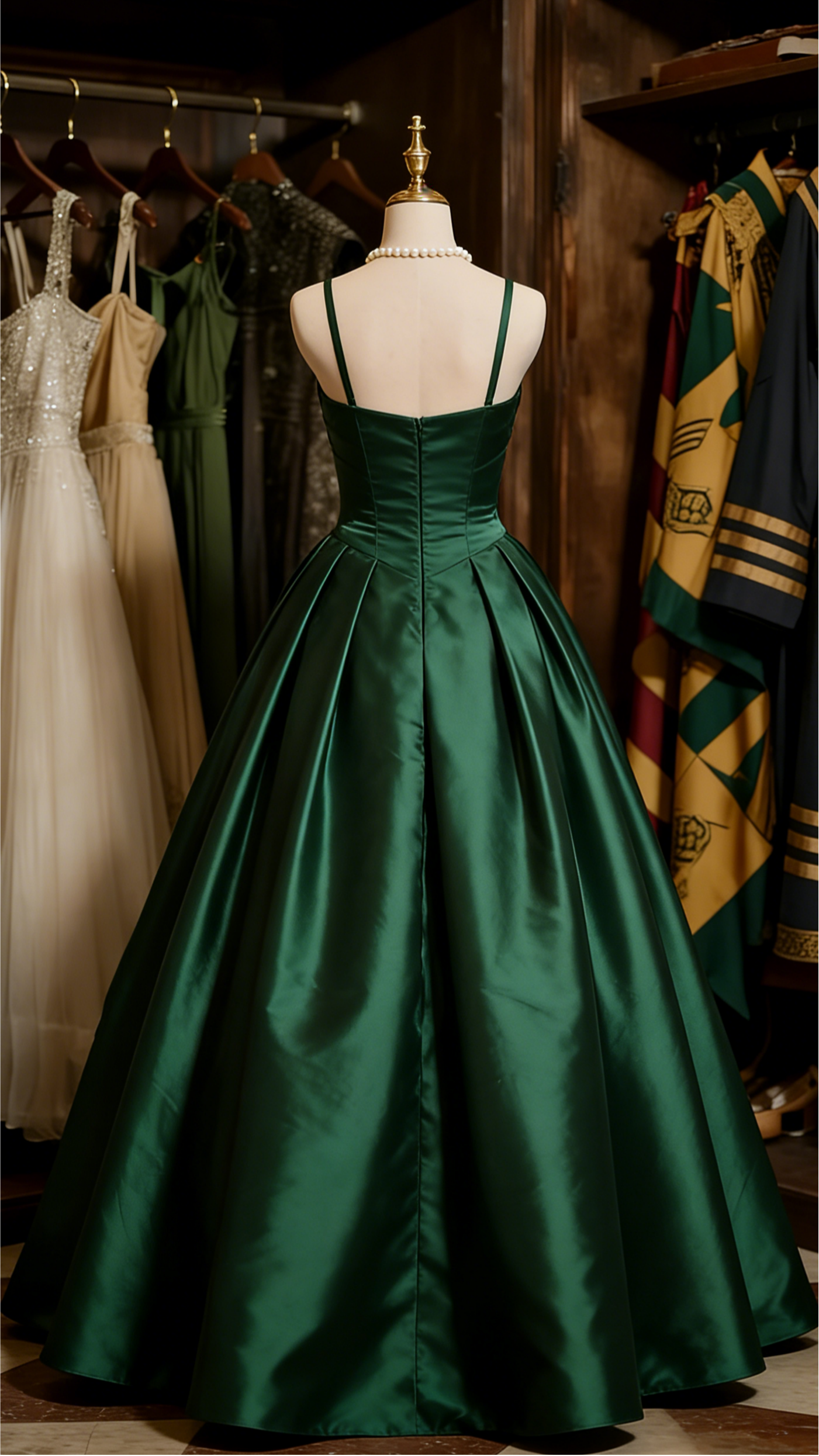 Wizarding-Inspired Slytherin Emerald Green Satin V-Neck Spaghetti Strap Ball Gown Evening Dresses with Train for Hogwarts-Themed Events & Black-Tie Galas