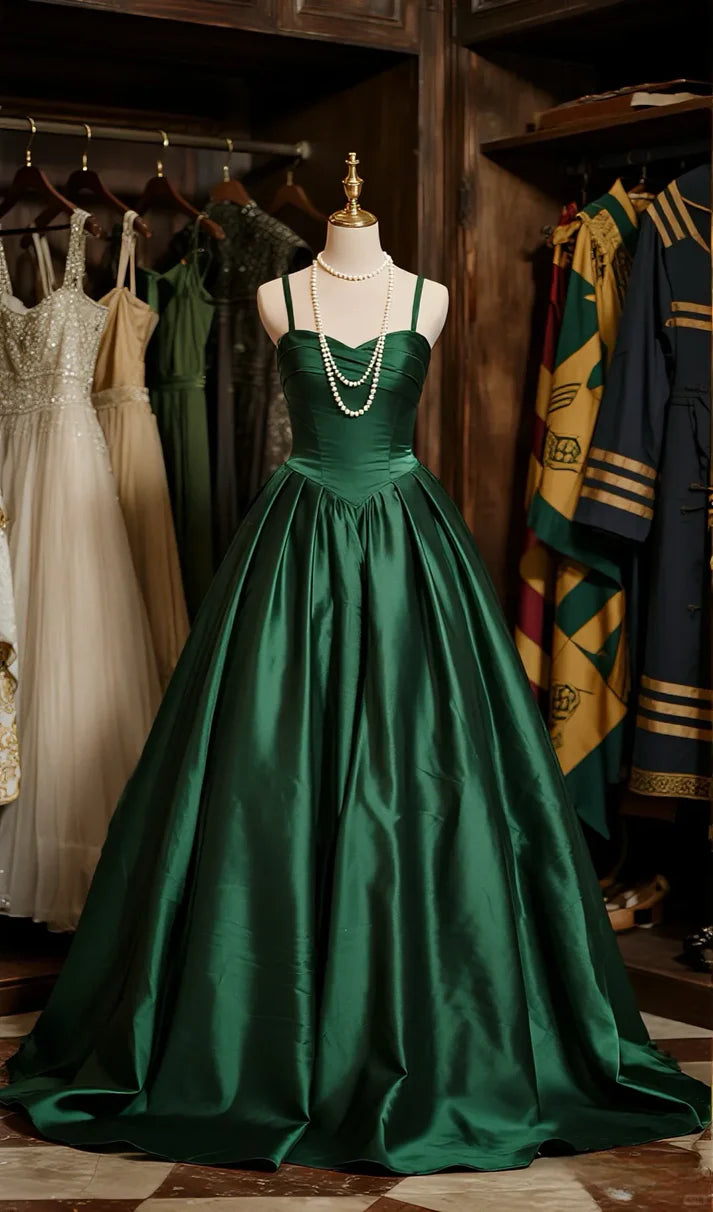 Wizarding-Inspired Slytherin Emerald Green Satin V-Neck Spaghetti Strap Ball Gown Evening Dresses with Train for Hogwarts-Themed Events & Black-Tie Galas